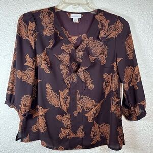 Liz Claiborne Women's Brown Blouse Top 3/4 Sleeve Size XS V-Neck Pullover